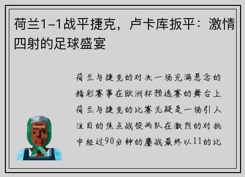 荷兰1-1战平捷克，卢卡库扳平：激情四射的足球盛宴